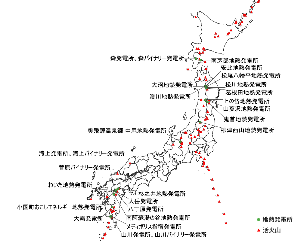 日本の地熱発電所位置図